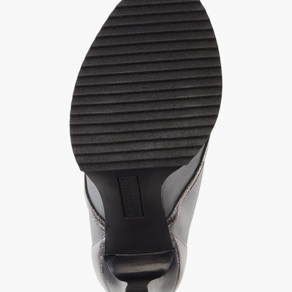 Metallic Gray Heeled Boots with Open Toe and Decorative Ankle Strap - Picture 3 of 5